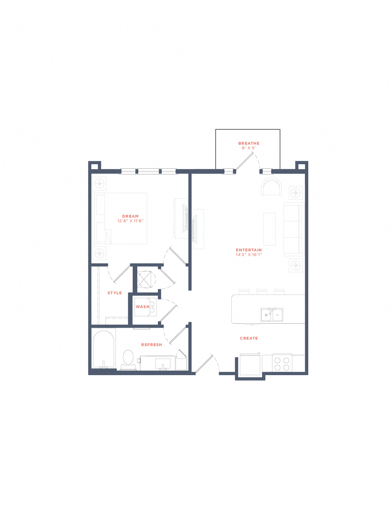 Floor plan for 1 bed, 1 bath, 700 sqft